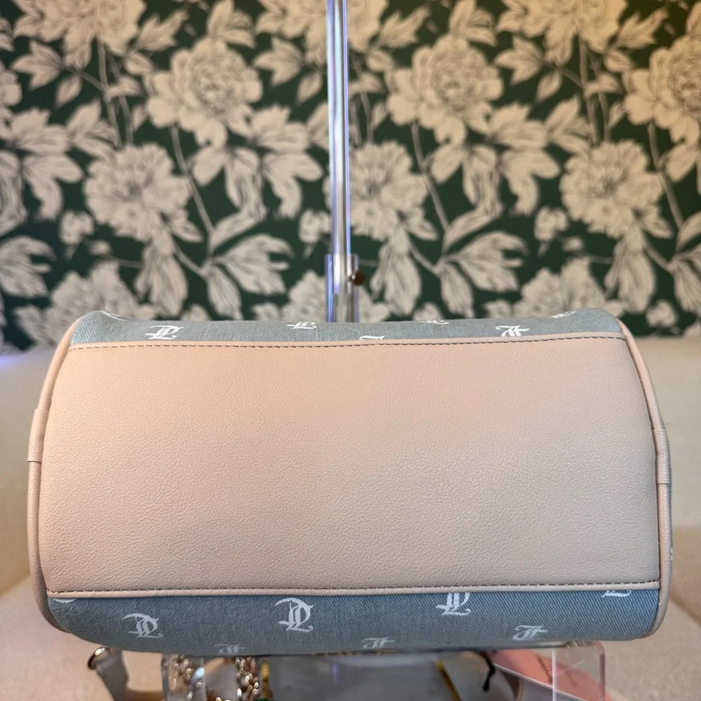 Juicy Couture Gray and Cream Satchel with Strawberry Charm and Gold Chain NWT